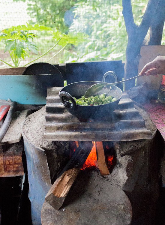 cooking bhindi okra on open fire